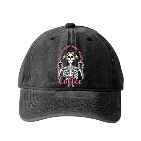 Skeleton Drink Tired Mom needs Coffee Washed Denim Baseball Caps