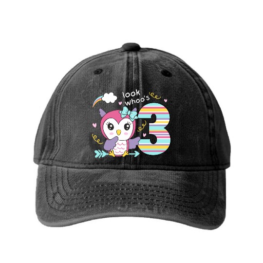 3rd Birthday Cute Owl "Look Whoo´s 3" Girls Gift Washed Denim Baseball Caps