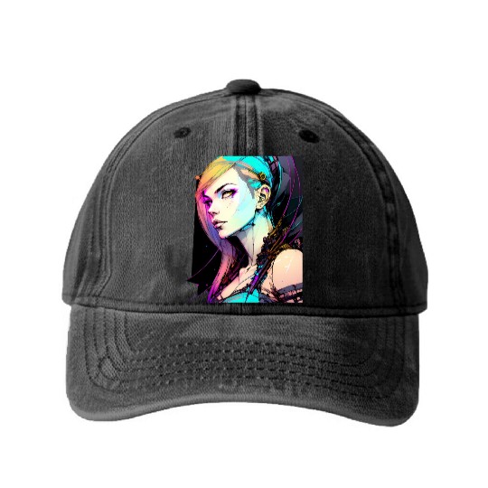 Neon Dreams A Cyberpunk Girl with Orange Teal Hair Washed Denim Baseball Caps
