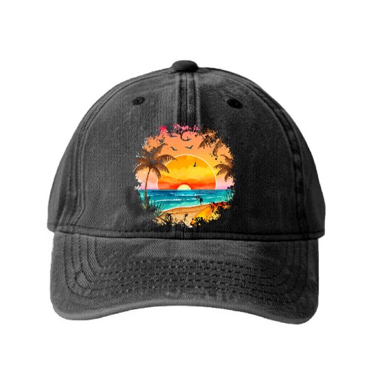 Beach Sunset Watercolor Design Art 6 Washed Denim Baseball Caps