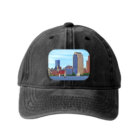 Manhattan NY - Boats By Manhattan Skyline Washed Denim Baseball Caps