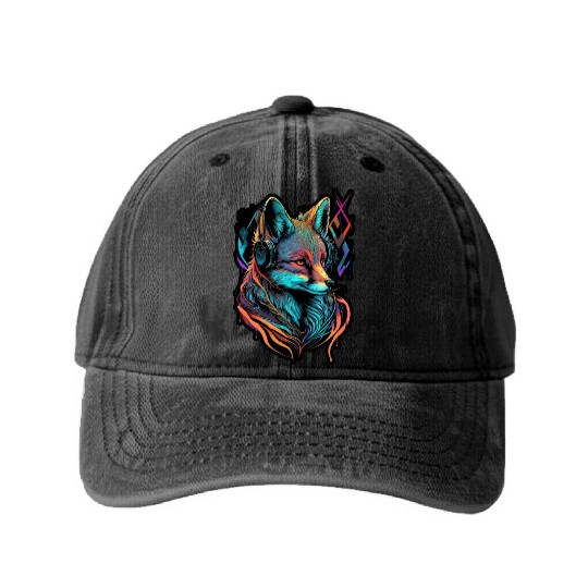 Neon Fuchs 80er Festival Nerd Hipster Fox Musik Washed Denim Baseball Caps