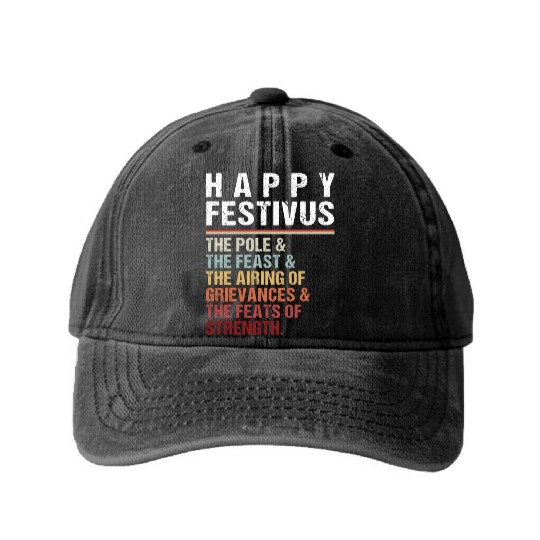 Happy Festivus Christmas Holiday Retro Vintage Washed Denim Baseball Caps