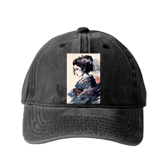 Geisha Watercolor Sea Waves Asian Art Woman Washed Denim Baseball Caps