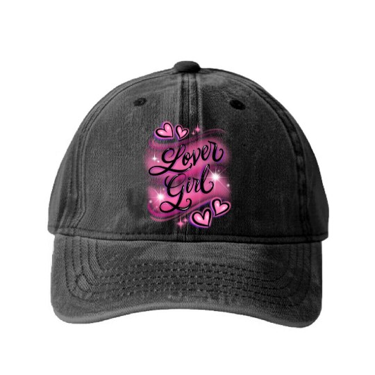 Lover Girl pink airbrush design Washed Denim Baseball Caps