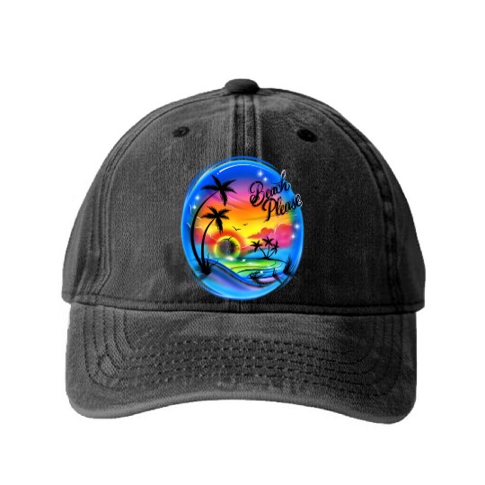 Beach Please Airbrush Colorful Washed Denim Baseball Caps
