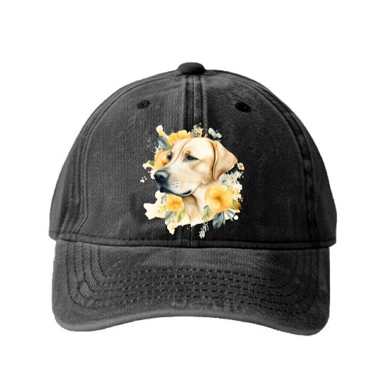 Yellow Lab Dog Watercolor Floral Washed Denim Baseball Caps