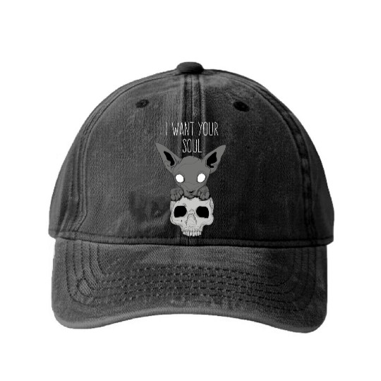 Death Cat Skull Washed Denim Baseball Caps