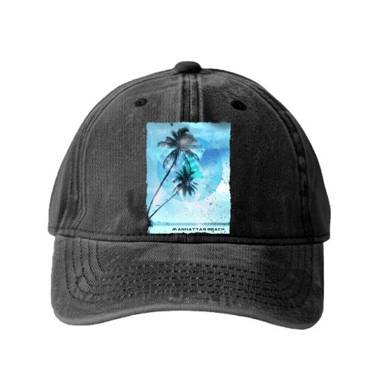 Artistic Manhattan Beach California Palm Tree Washed Denim Baseball Caps