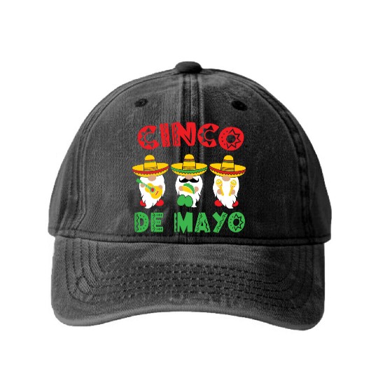 Cinco De Mayo Gnome Sombrero Taco Maraca Guitar Washed Denim Baseball Caps