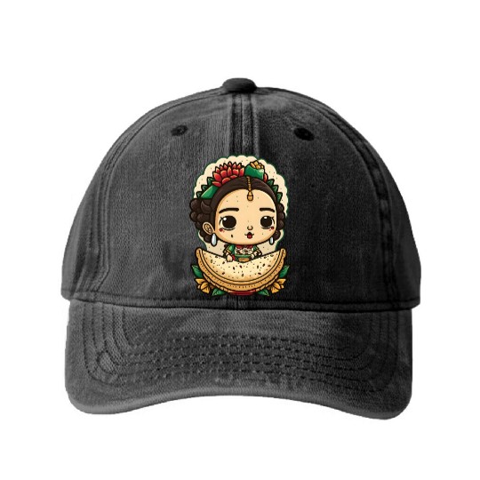 Frida Kahlo & Tacos Cinco De Mayo Mexican Fiesta Washed Denim Baseball Caps