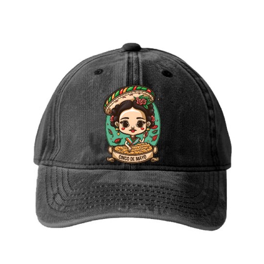 Frida Kahlo & Tacos Funny Cinco De Mayo Mexican Washed Denim Baseball Caps