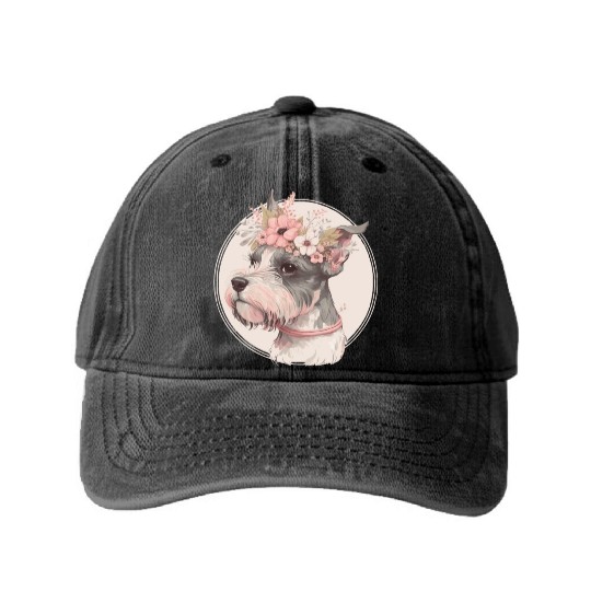 Cute Miniature Mini Schnauzer Flower Crown Pet Dog Washed Denim Baseball Caps