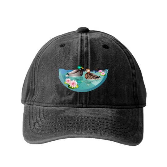 Duck couple in a duck pond with water lilies Washed Denim Baseball Caps