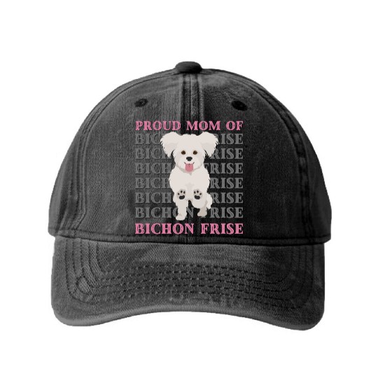 Proud mom of Bichon Frise cute puppy dog mom dad Washed Denim Baseball Caps