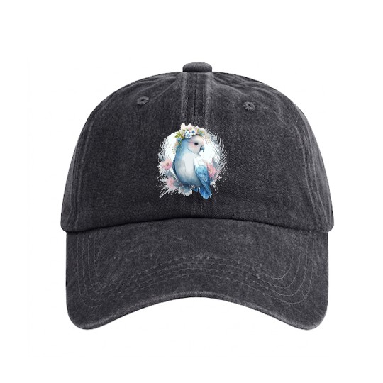 Cute Watercolor Lovebird Bird Flower Crown Pet Bir Washed Denim Baseball Caps