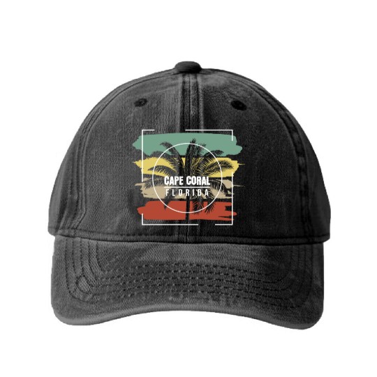 Cape Coral Florida Artistic Palm Tree Retro Washed Denim Baseball Caps