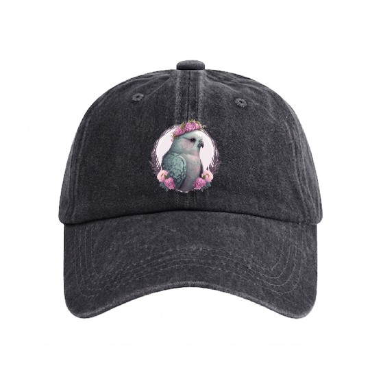 Watercolor Gray Budgie Parakeet Bird Flower Crown Washed Denim Baseball Caps