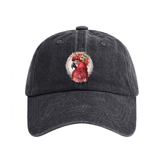Scarlet Macaw Parrot Watercolor Bird Flower Crown Washed Denim Baseball Caps