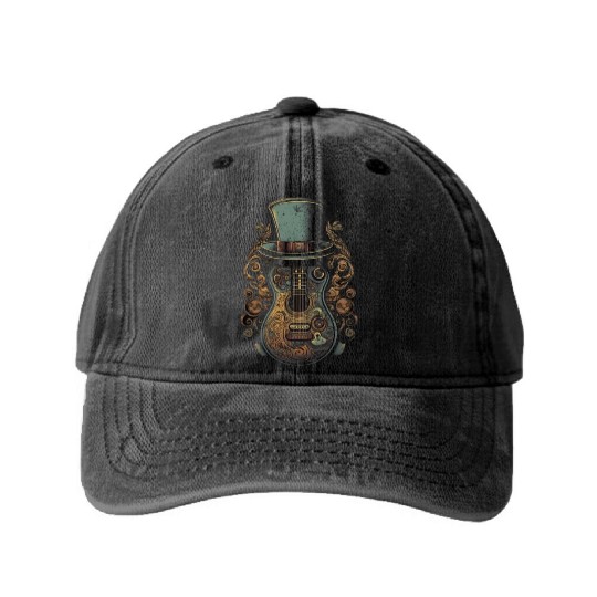 Guitar with Hat Country Music Guitarist Musician Washed Denim Baseball Caps