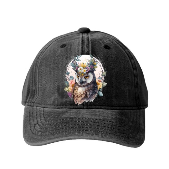 Cute Owl Bird Flower Crown Floral Birds Washed Denim Baseball Caps