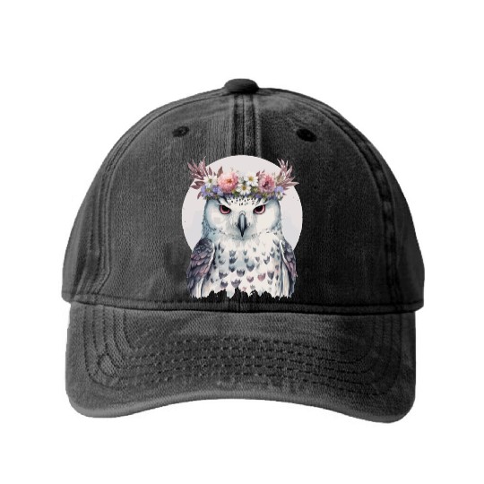 White Snow Owl Bird Flower Crown Floral Birds Washed Denim Baseball Caps