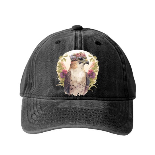 Watercolor Falcon Birds Of Prey Flower Crown Flora Washed Denim Baseball Caps