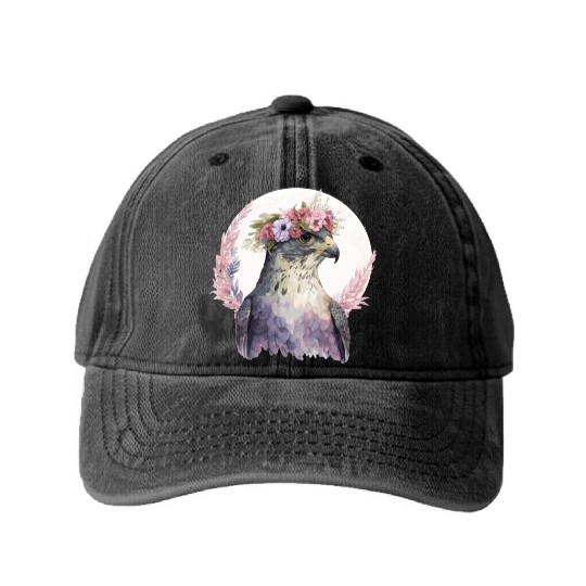 Falcon Birds Of Prey Flower Crown Floral Bird Watc Washed Denim Baseball Caps