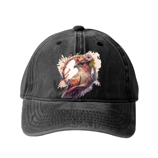 Birds Of Prey Kite Bird Flower Crown Floral Washed Denim Baseball Caps
