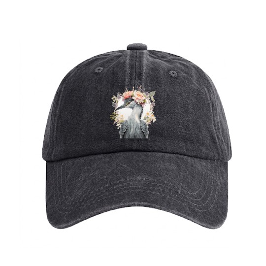 Watercolor Heron Freshwater Bird Flower Crown Flor Washed Denim Baseball Caps