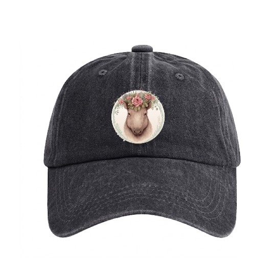 Cute Wild Boar Watercolor Flower Crown Animal Love Washed Denim Baseball Caps