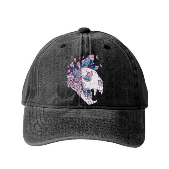 Crystal Cat Skull Washed Denim Baseball Caps