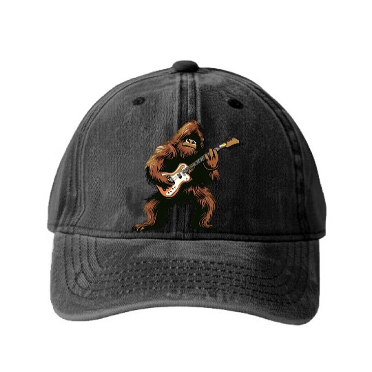 Bigfoot plays guitar Washed Denim Baseball Caps