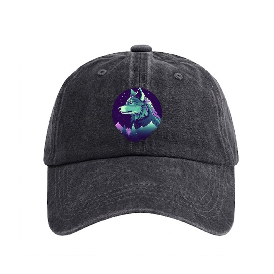 Starry Night Wolf With Northern Light Colors Washed Denim Baseball Caps