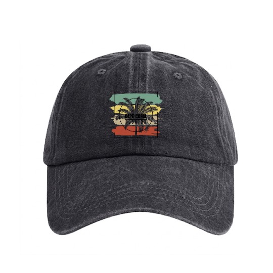 Cape Coral Florida Palm Tree Retro Artistic Washed Denim Baseball Caps