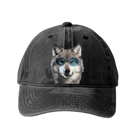 Grey Wolf Wearing Blue Sunglasses Wildlife Animal Washed Denim Baseball Caps
