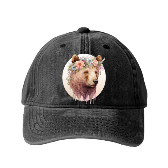 Watercolor Brown Bear Grizzly Flower Crown Wild An Washed Denim Baseball Caps