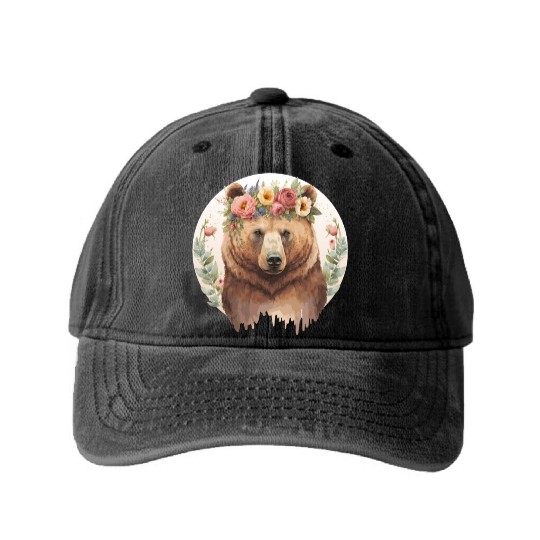 Cute Brown Bear Grizzly Flower Crown Animal Lovers Washed Denim Baseball Caps