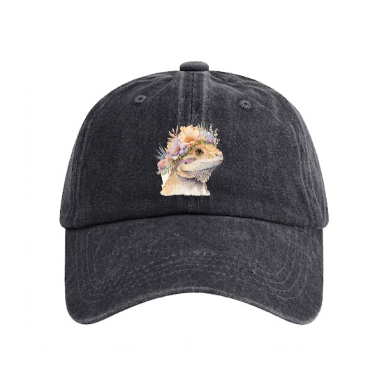 Cute Bearded Dragon Flower Crown Floral Watercolor Washed Denim Baseball Caps