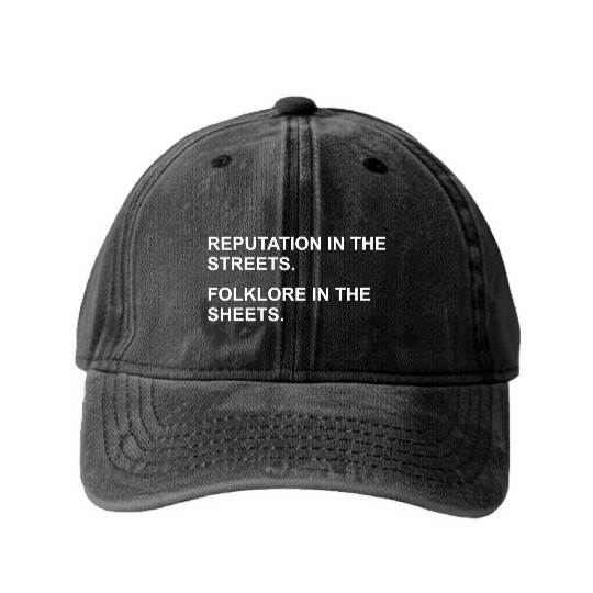 REPUTATION IN THE STREETS. FOLKLORE IN THE SHEETS. Washed Denim Baseball Caps