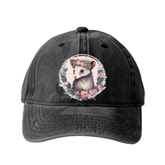 Cute Possum Flower Crown Floral Watercolor Washed Denim Baseball Caps