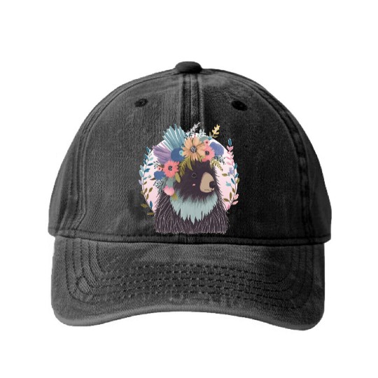 Cute Porcupine Flower Crown Watercolor Floral Washed Denim Baseball Caps