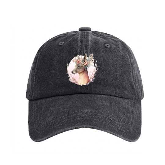 Watercolor Kangaroo Flower Crown Australian Animal Washed Denim Baseball Caps