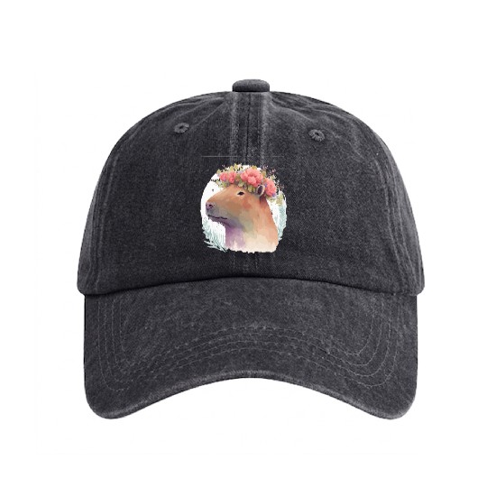 Watercolor Capybara Rodent Flower Crown Animal Lov Washed Denim Baseball Caps