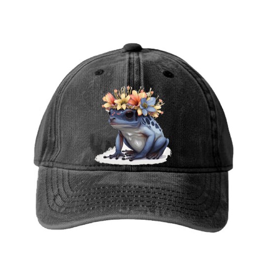 Cute Poison Dart Frog Flower Crown Amphibian Lover Washed Denim Baseball Caps