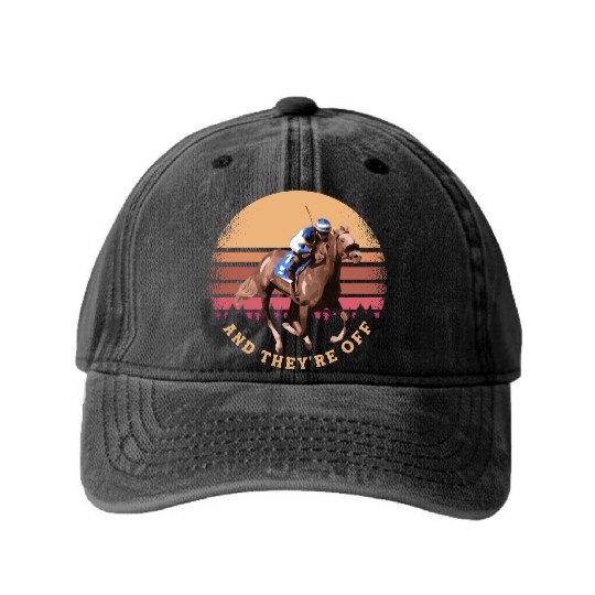 And They're Off - Funny Horse Racing at Vintage Washed Denim Baseball Caps