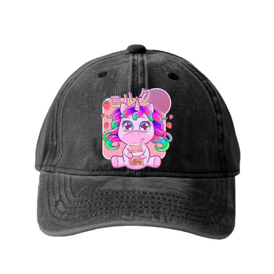 Funny Kawaii Unicorn Strawberry Milk Shake Washed Denim Baseball Caps