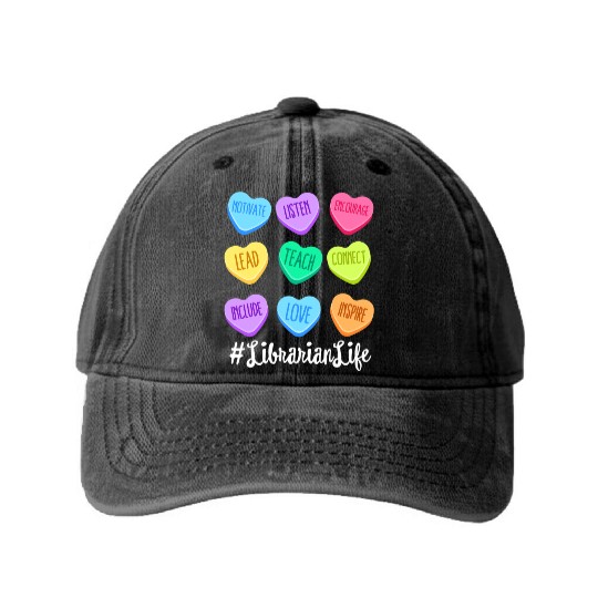 Librarian Life Teacher Valentines Day Pastel Candy Washed Denim Baseball Caps