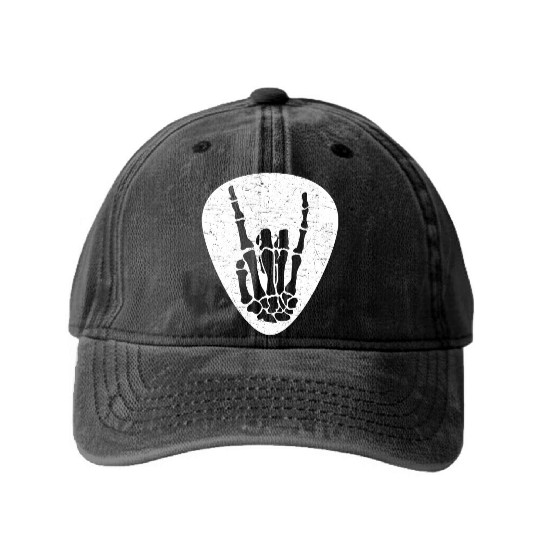Cool Rock And Roll Skeleton Hand On A Guitar Pick Washed Denim Baseball Caps