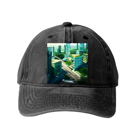 Green Horizon: A Vision of Sustainable Cityscape Washed Denim Baseball Caps